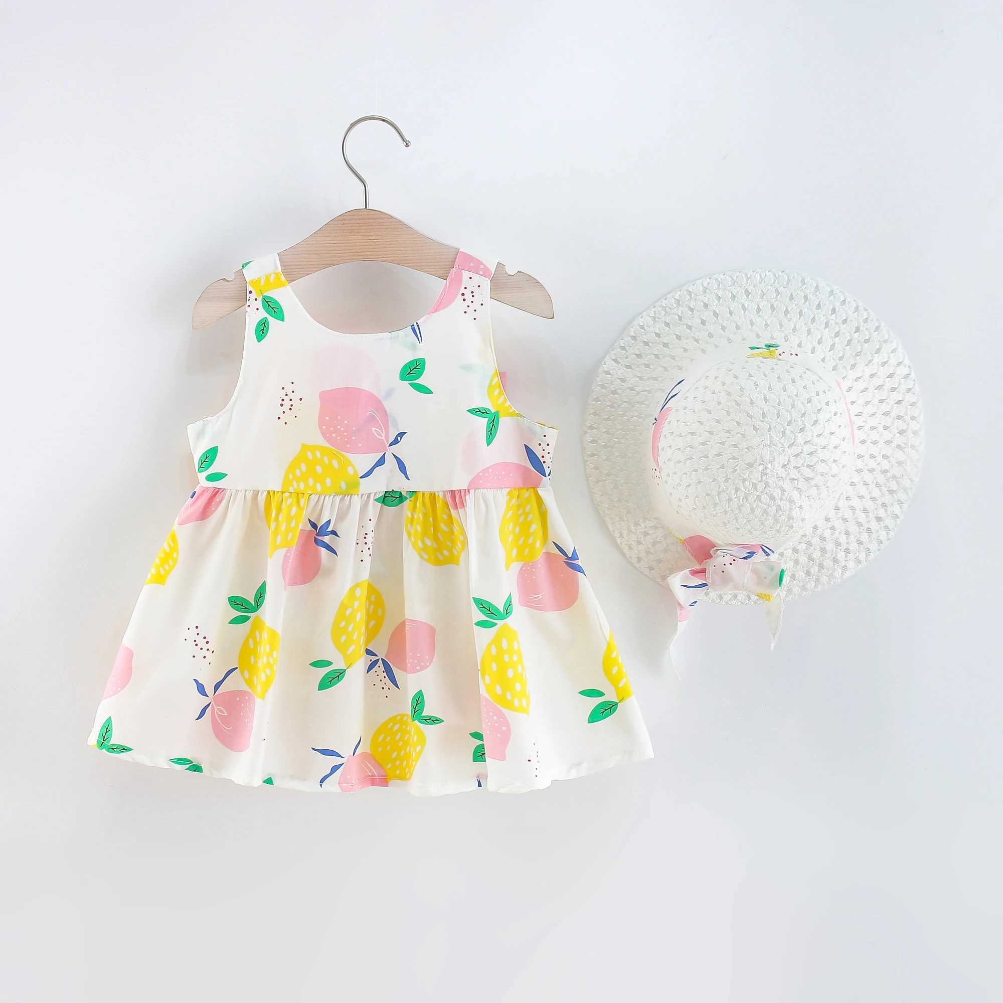 Baby Girl Dresses Summer Bow Fruit Print Girls Dresses Cute Girls Beach Dresses with Hat R250707