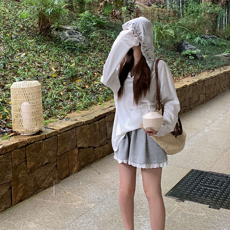 Summer New Crochet Lace Patchwork Hooded T-Shirt For Women, Casual Slimming High-End Thin Sunscreen Top B5