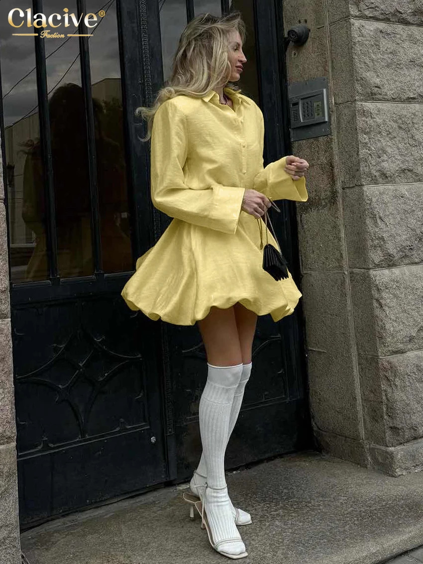 Clacive Fashion Loose Yellow Womens Two Pieces Set 2025 Elegant Long Sleeve Shirt With High Waist Pleated Mini Skirt Set Female 250703