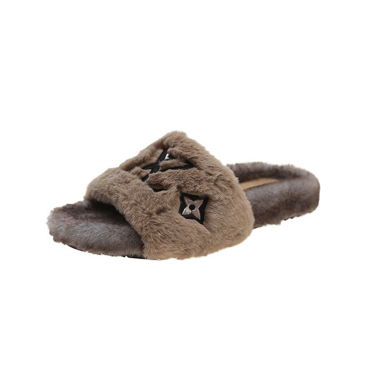 Free shipping designer's new embroidery home one line drag thick bottom color blocked letters for women wearing hairy slippers classics