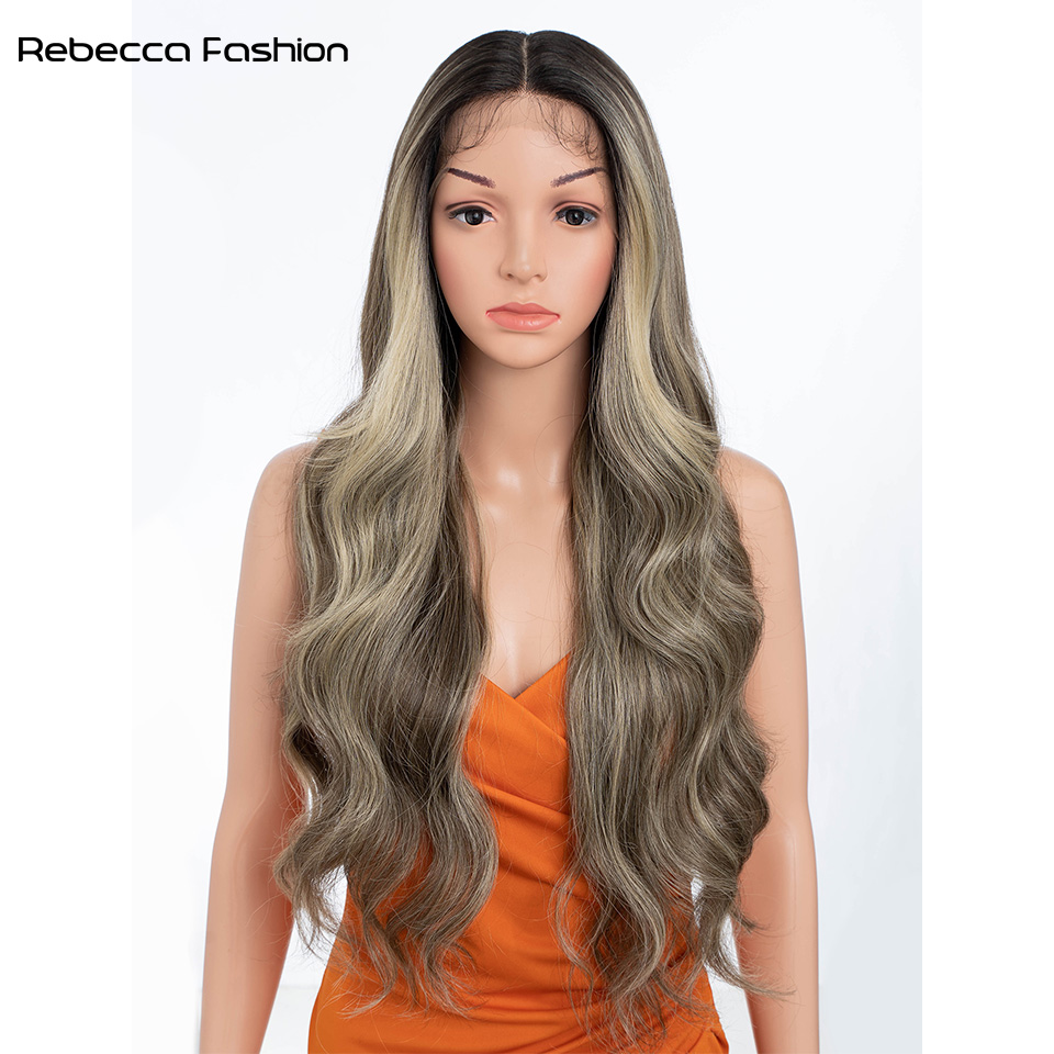 Rebecca Fashion Front High-definition T-Lace 28 Inch Synthetic High Temperature Fiber Resistant Body Wave 13*4*1 Lace Bangs Daily Party For Women