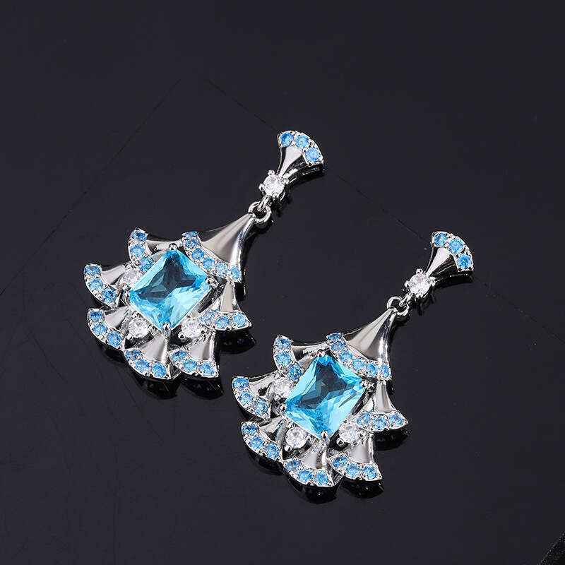 Recommended Light High-End Fan-Shaped Paraiba Blue Drop Earrings Elegant Fairy Studs B55