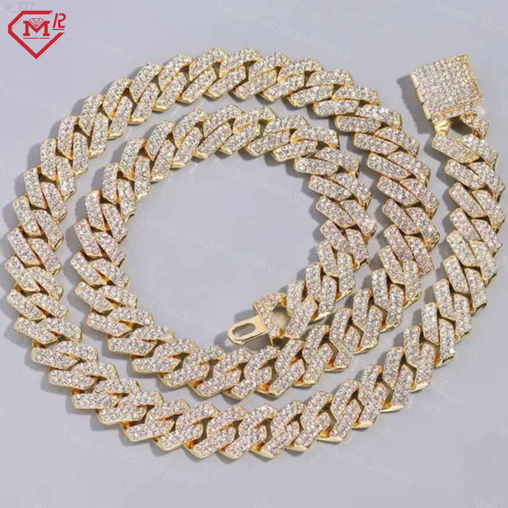 Hiphop 12mm Cuban Link Chain Men Necklace 2 Rows 925 Silver Vvs Iced Out Moissanite Cuban Chain