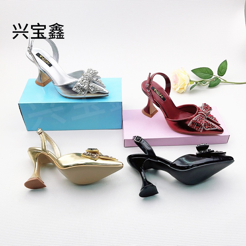 French style buckle with high heels, women's slim heel, hollow pointed, comfortable rhinestone bow, wedding shoes