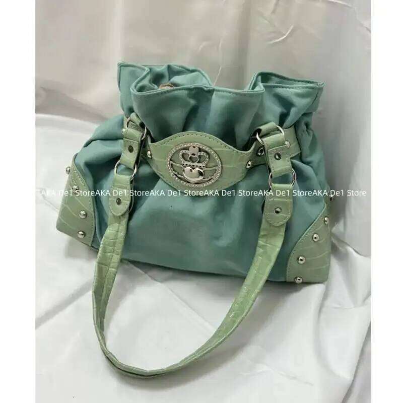 Belt Design Streetwear Green Zipper Y2k Girl Shoulder Pleated Fashion Underarm Bags Rivet Gothic Women's Handbags