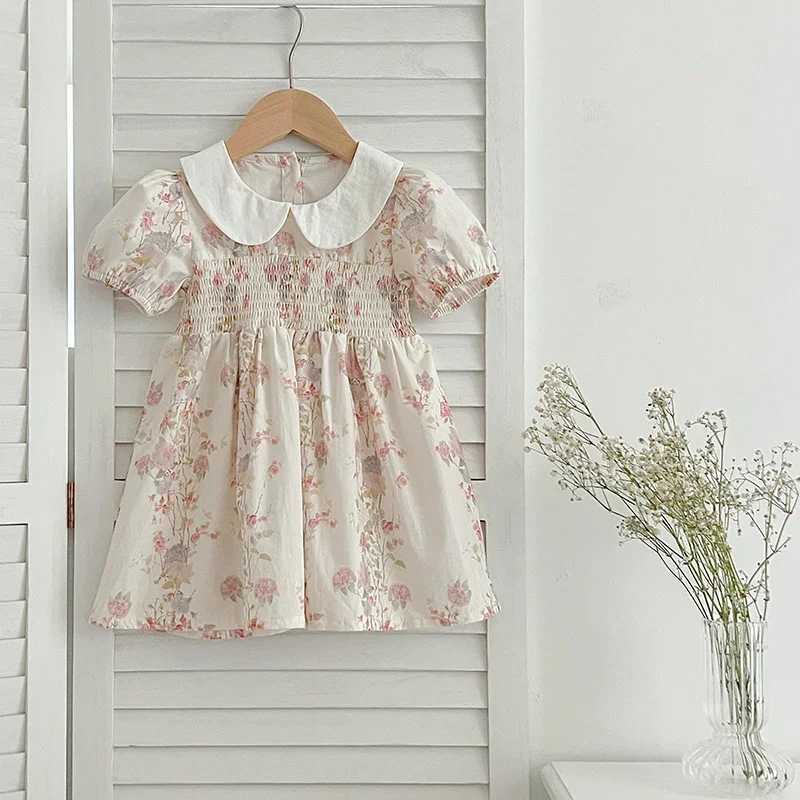 Fashion Girl Dress Pink Flowers Retro Lace Dress Cotton Princess Casual Round Neck Summer Dress New Sweet Kids Clothing R250707