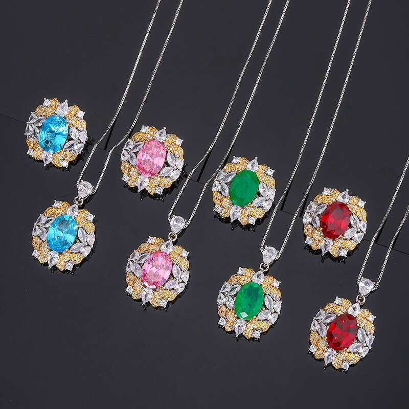 Aquamarine Zircon Paraiba Necklace Pendant Women's Emerald Imitation Red Tourmaline Ring 534