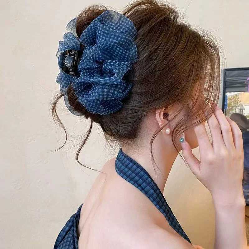 Blue Mesh Shark Clip Blue Plaid Simple Casual Hair Clip Fashion Sweet Hair Clip Hair Accessories Z250707