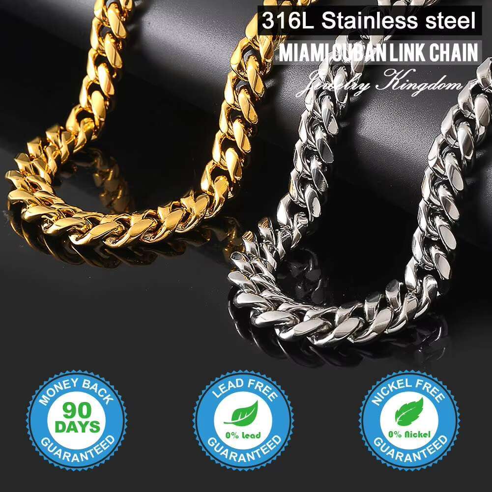 NUOYA 8mm 18k Mens Gold Plated Stainless Steel Chain Fine Hip Hop Cuban Link Chain Necklace