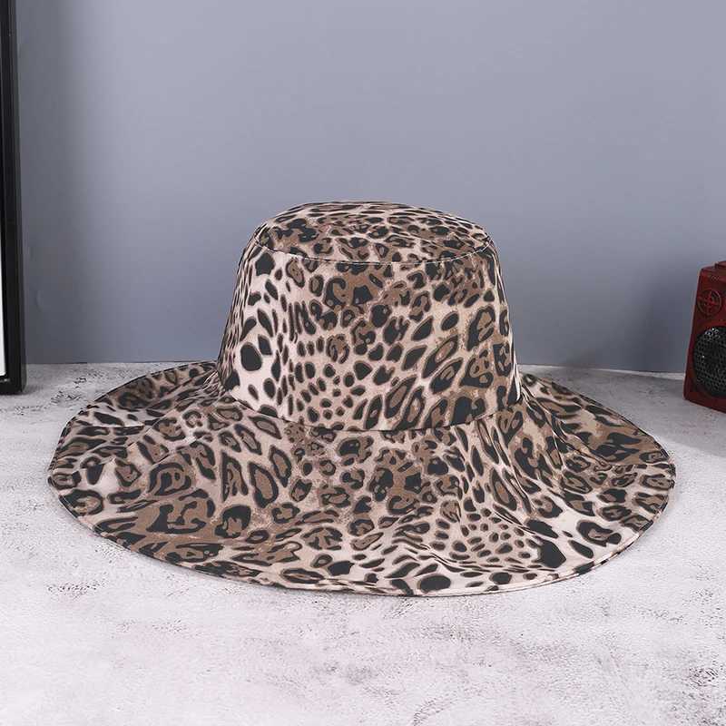 Vintage Full Version of Leopard Print Big Eaves with Rope Fisherman Hat Windproof Shade Suitable for Ladies Outing Photo Play Y250707