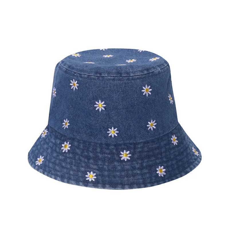 Popular Little Daisy Embroidered Cotton Summer Jeans Bucket Hat Cap For Women Spring Fisherman Hat Outdoor Travel Sunshade Gift Y250707
