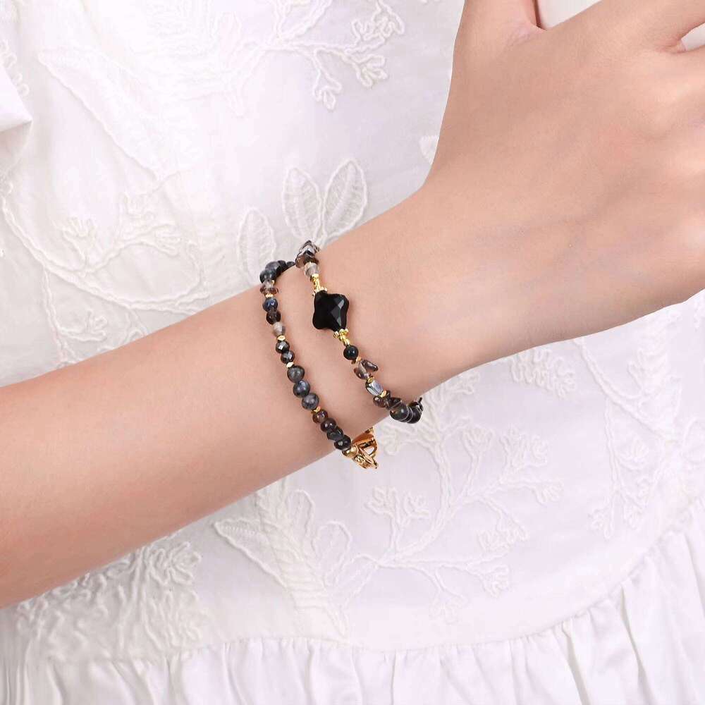 Bohemian Black Onyx Four-Leaf Clover Natural Stone Bead Phone Chain Multi-Use Friendship Jewelry