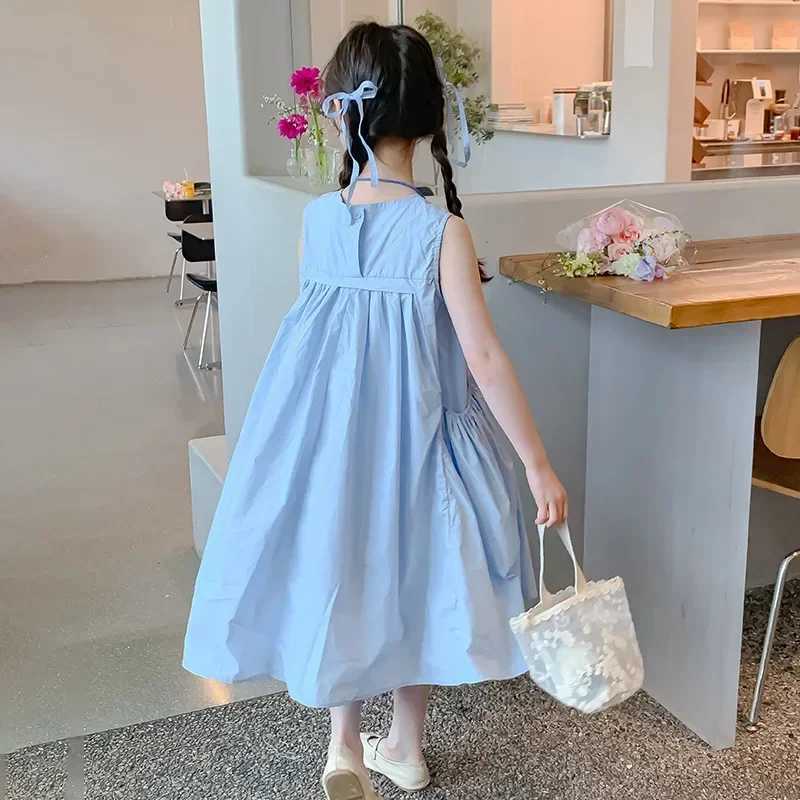 Girls Summer Dress New Korean Pure Cotton Solid Color Round Neck Pleated Princess Sleeveless Dress for Kids R250707
