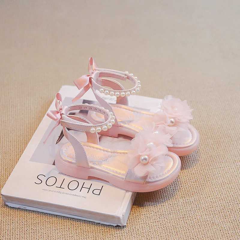 Girls Pearls Sandals with Lace Beaded Princess Kids Gladiator Sandals Princess Sweet 2024 Summer Kids Beach Shoes with Bow-knot R250707