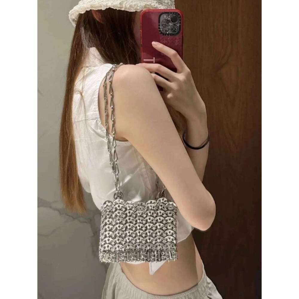 Women Woven Sequins Handbag Metal Chain Evening Hollow Out Purse Clutch Travel Holiday Shoulder Crossbody Bag