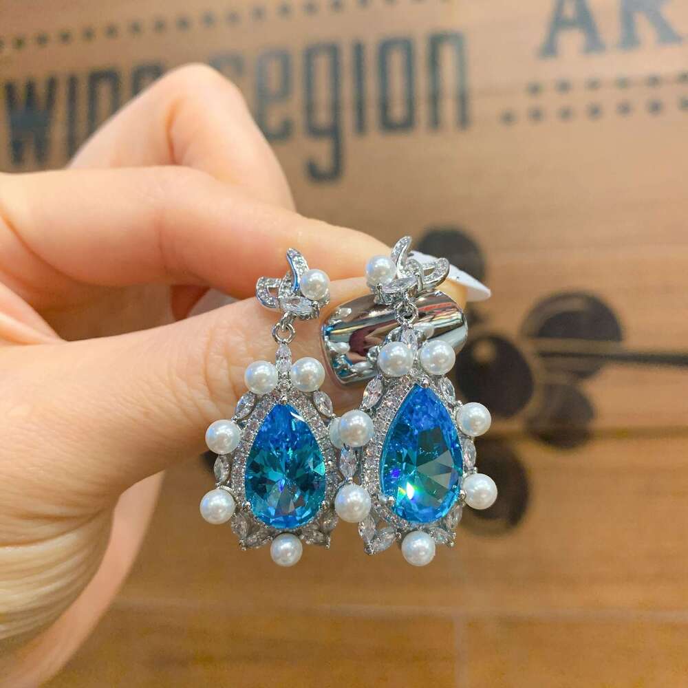 Three-Piece Set Tiktok Live Zircon Earrings Micro-Paved Pearl Aquamarine Necklace Gemstone Ring E03