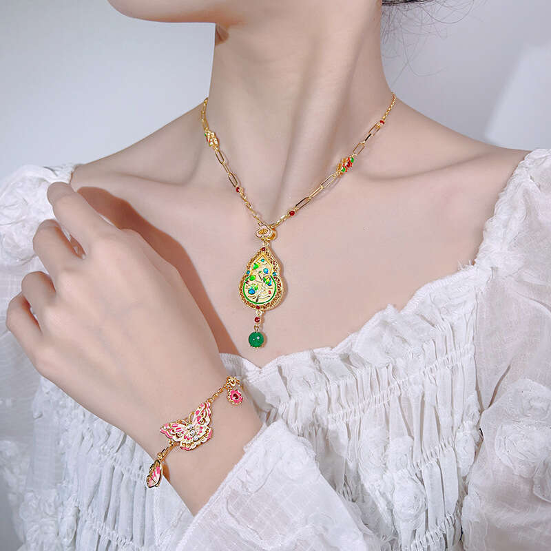 New Set Necklace Water Drop Bracelet Butterfly Shape Enamel Craft Chinese Style Fashion Women's Jewelry 511