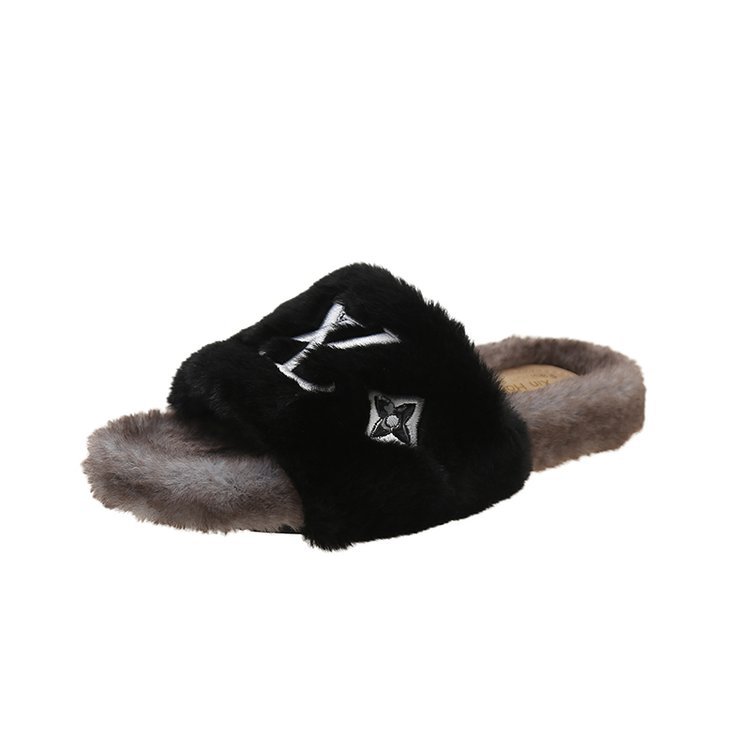 Free shipping designer's new embroidery home one line drag thick bottom color blocked letters for women wearing hairy slippers classics