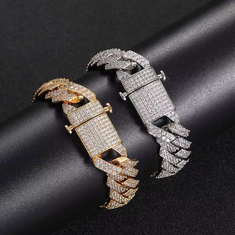 Hip Hop Jewelry 15MM Gold Plated Iced Out Chain Necklaces Elastic Buckle Miami Prong Cuban Link Necklace for Men Women