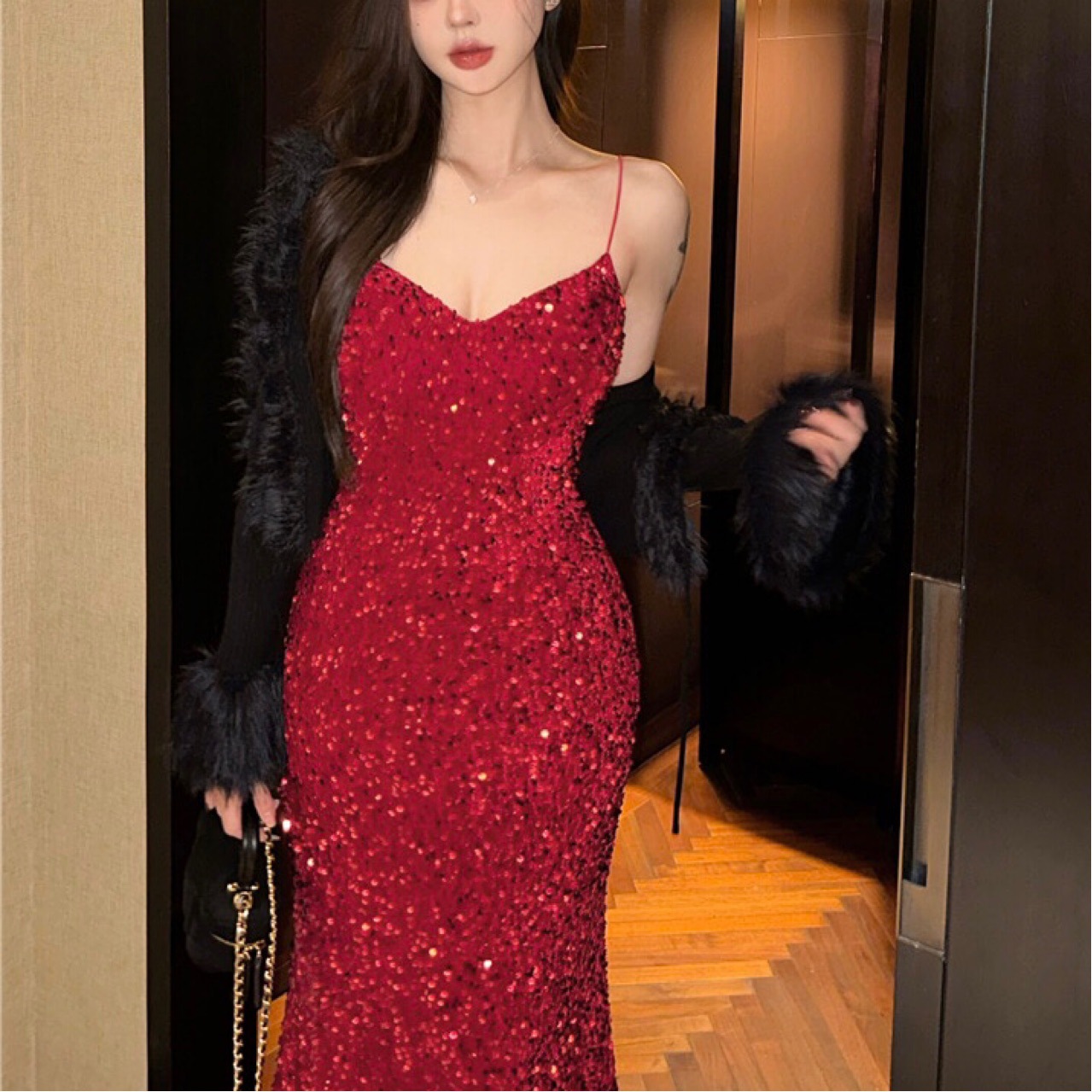 MUU150 Red Sequined Suspender Dress Women's High-end Annual Meeting Dress Hip Fishtail Skirt