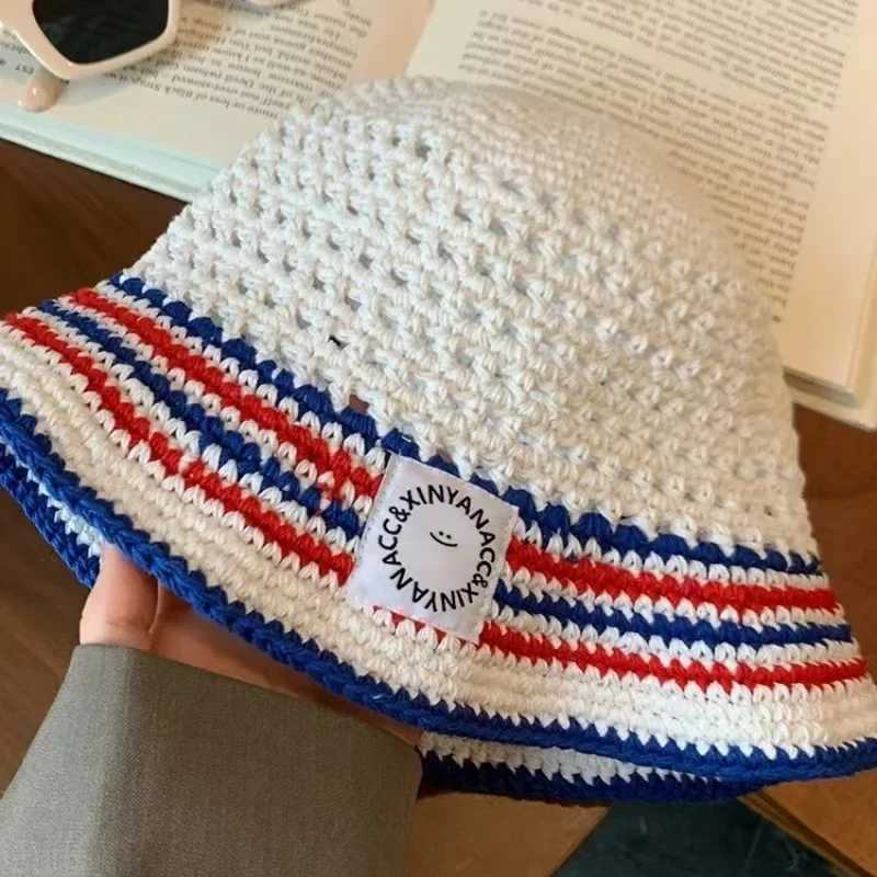 Japanese Korean Style Bucket Hat - Hand-Knitted Wool Hollow Sunshade Summer Breathable Crochet Cap for Women Fashion Sun Protection Y250707