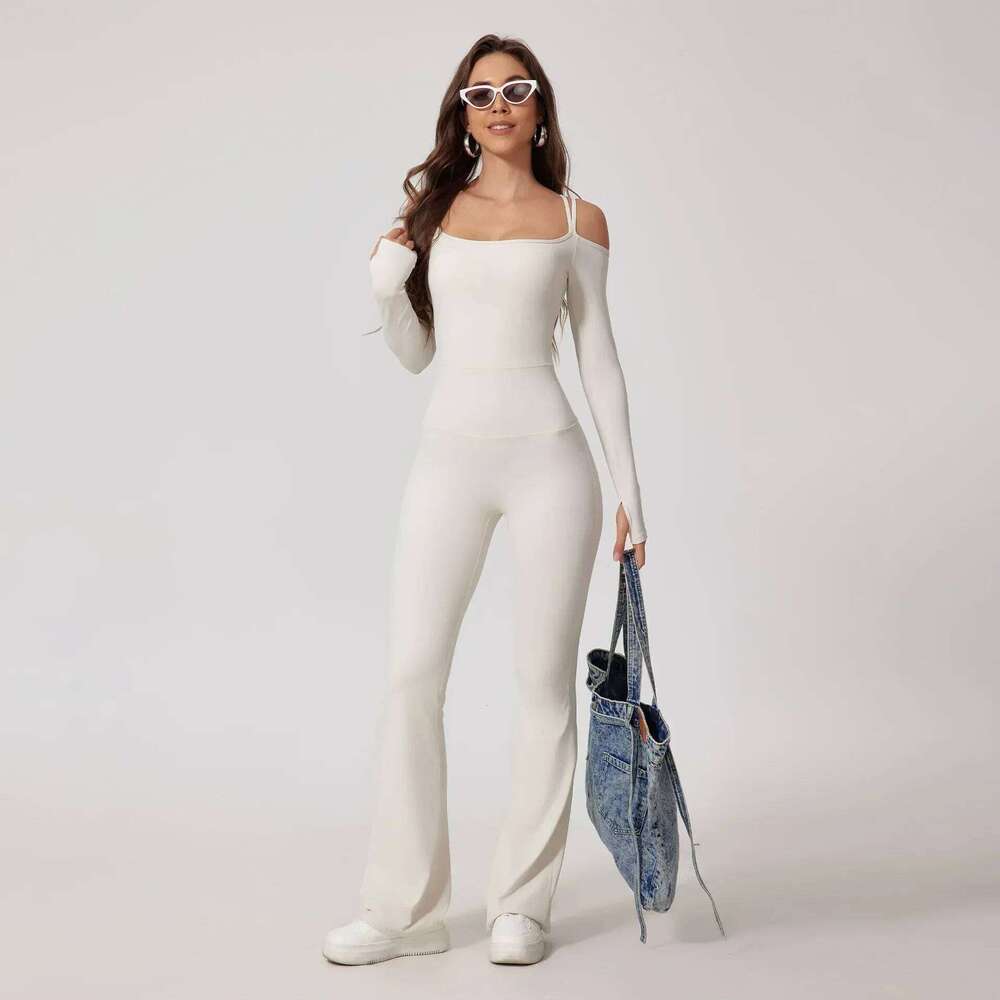 Seamless Yoga Jumpsuits Sports Fiess High Waist Hip Raise Long-Sleeved Flared Pants Suit Workout Gym Leggings Set for Women
