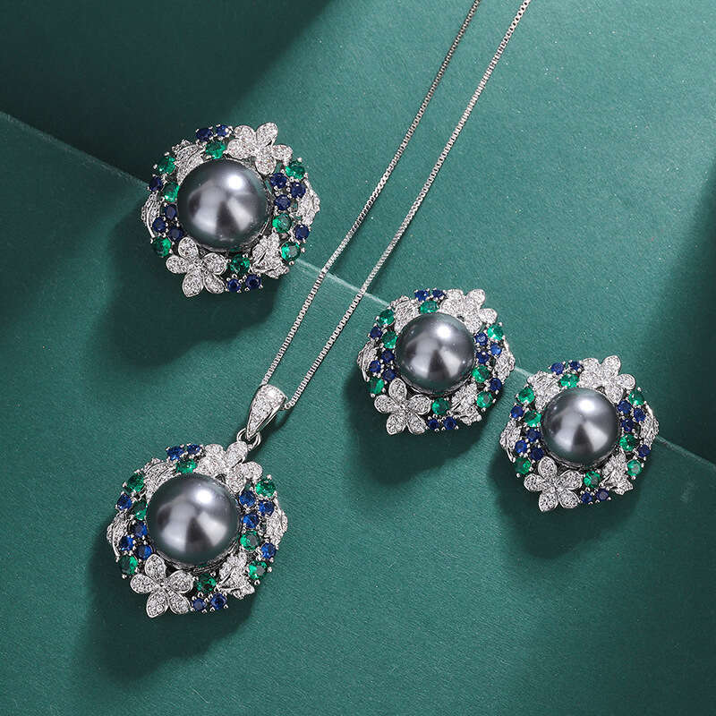 Gray Ring Tahitian Deep Sea Emerald Zircon Flower Necklace Pearl Stud Earring Set Jewelry For Women 8Ba