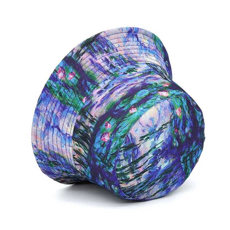 Bucket Hat Women Men Couple Flower Painting Fisherman Cap Sunshade Double Sided Retro Sun Hat Hip Hop New Y250707