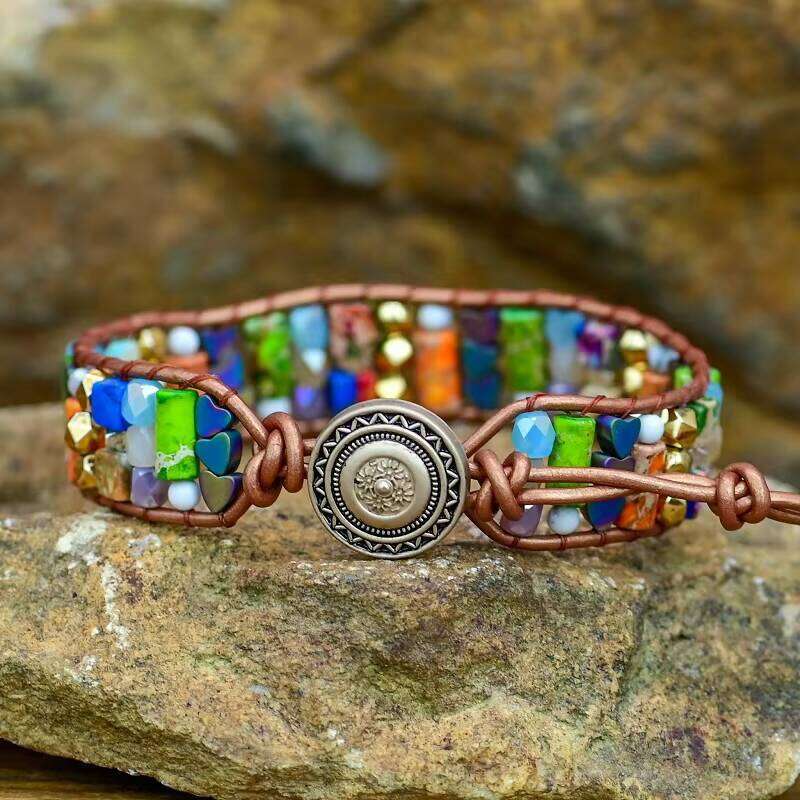 Women's Bohemian Heart Shape Hematite Imperial Natural Stone Single Leather Bag Bracelet