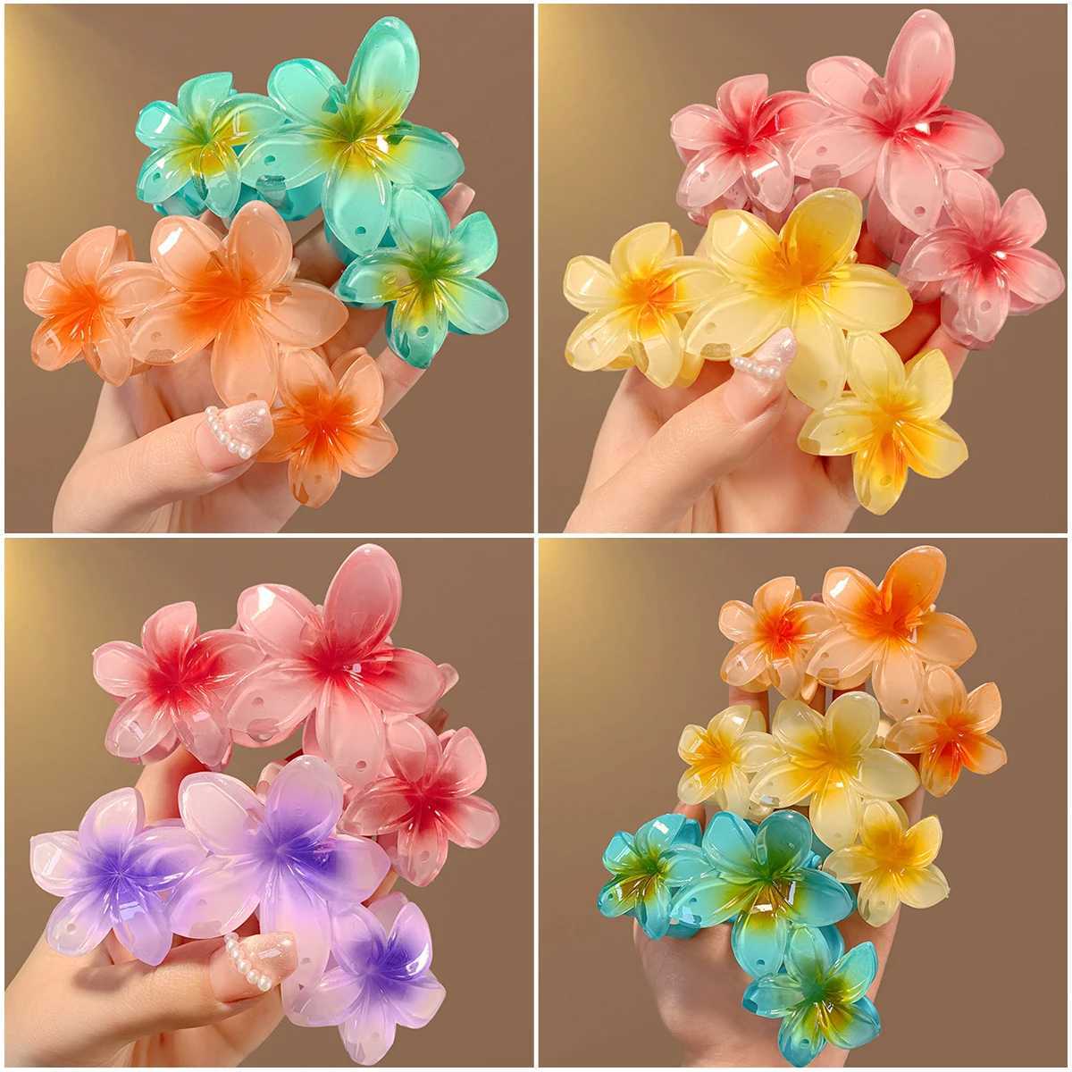11CM 3 Frangipani Flowers Solid Color Gradient Color Shark Clip Hairpin Headwear Headdress Hair Accessories For Women Girls Y250707