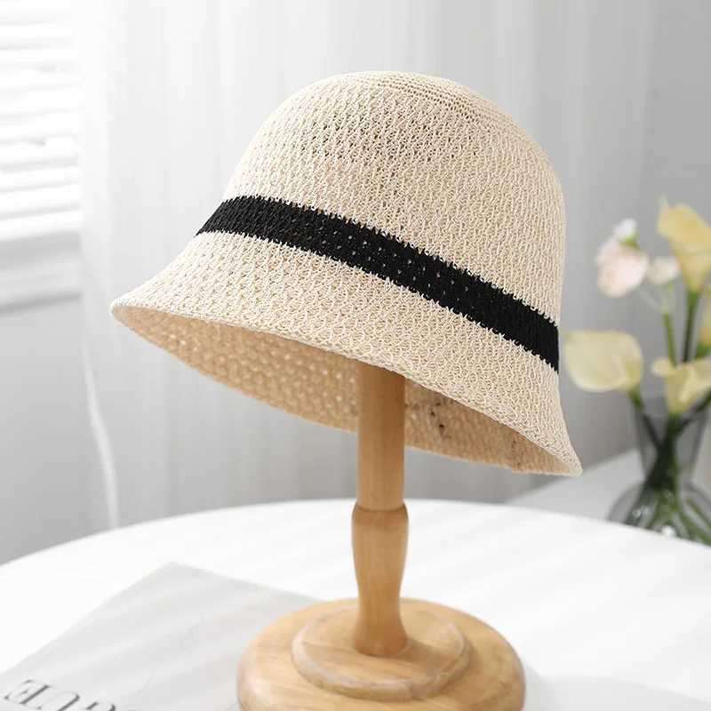 Womens Knit Bucket Hat Hollow Weave Sun Protection Fisherman Cap Retro Beach/travel/urban Summer Sun Hat Breathable Sunshade Y250707