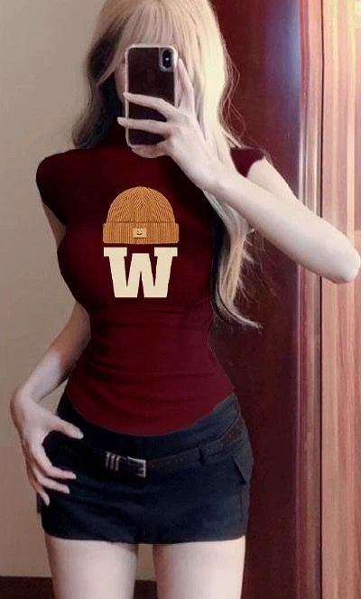 2025 Summer new women's T-shirt pure desire spicy girl half high neck printed T-shirt sleeveless niche tight top new designer T-shirt