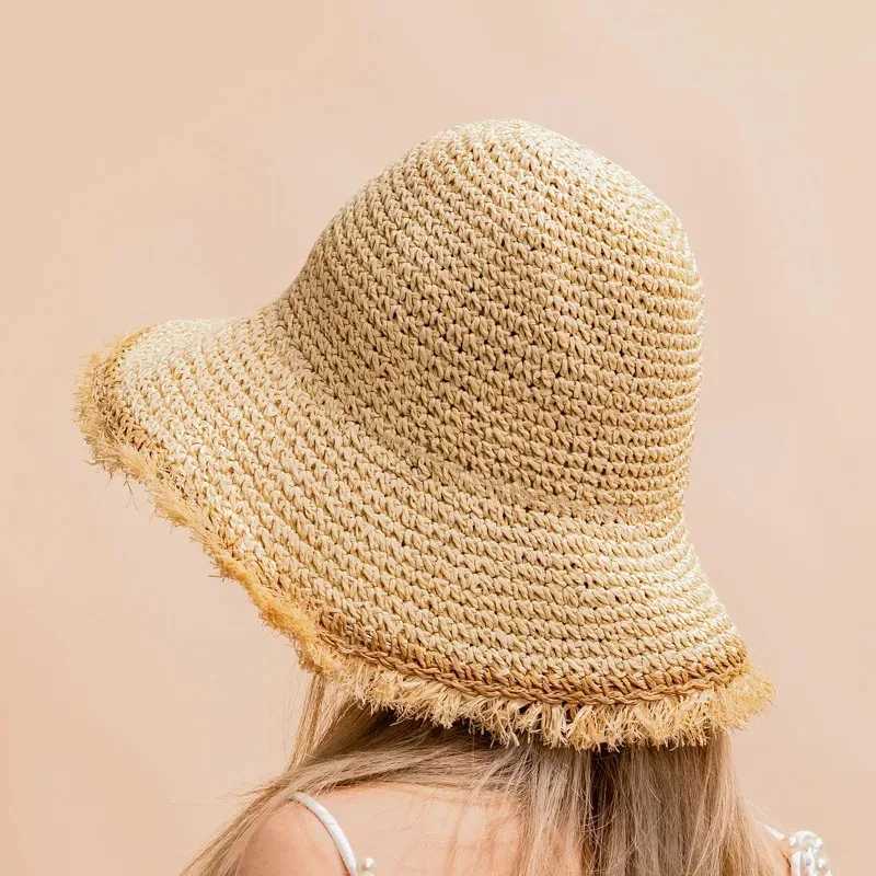 Crochet Straw Hat for Women Summer Handmade Hollow Out Panama Raffia Paper Tassel Edge Beach Hats UV Protect Foldable Sun Visor Y250707