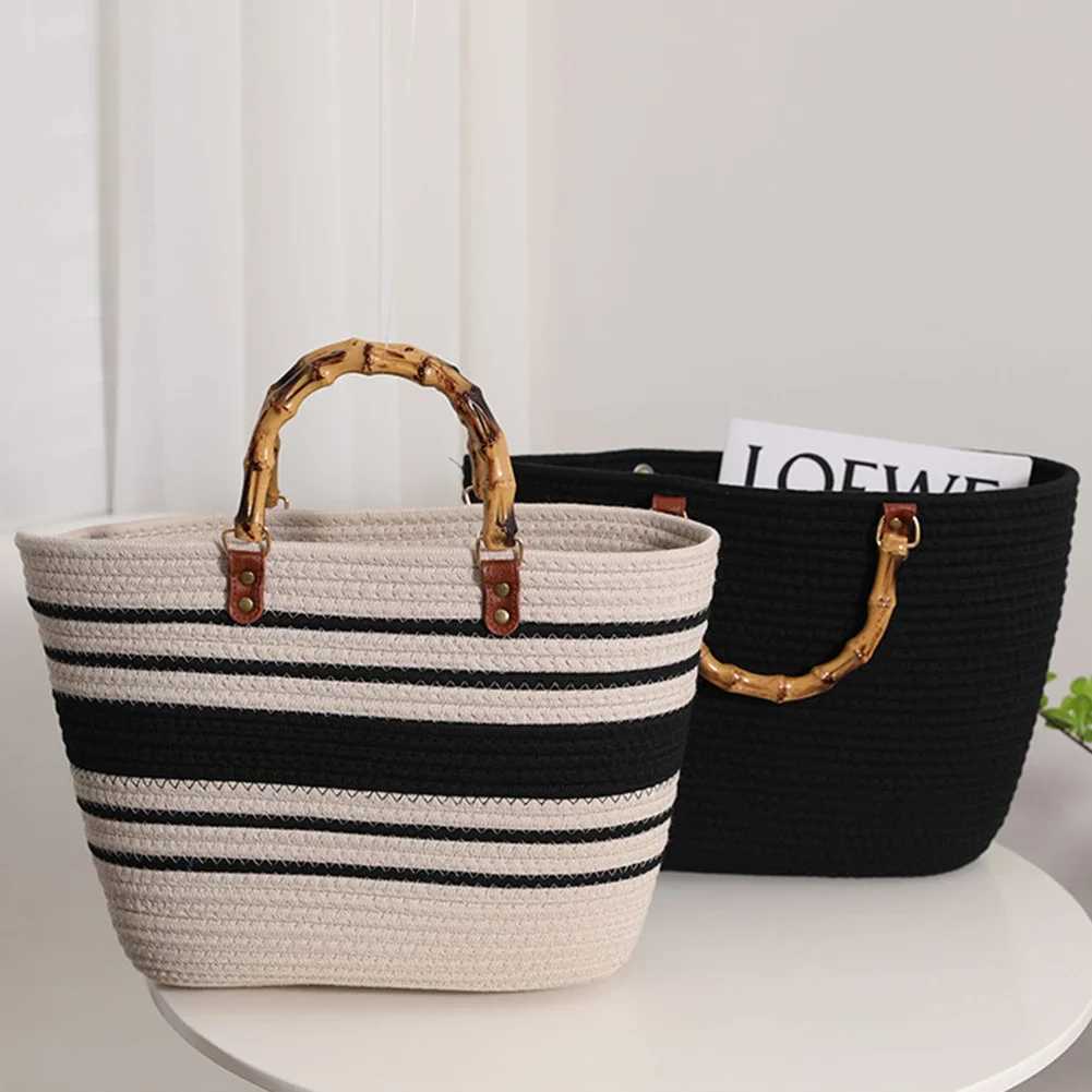 Cotton Woven Handbags Bamboo Handle Women Weaving Bag Large Capacity Striped Portable Casual Exquisite for Seaside Party
