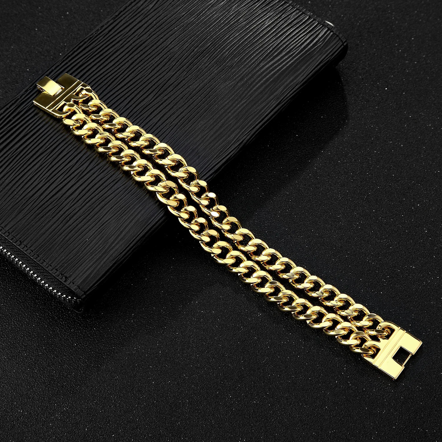 Punk Stainless Steel Double Curb Cuban Link Bracelet For Men 24mm Thick Gold Color Chain Hip Hop Jewelry Mens Gift 250707