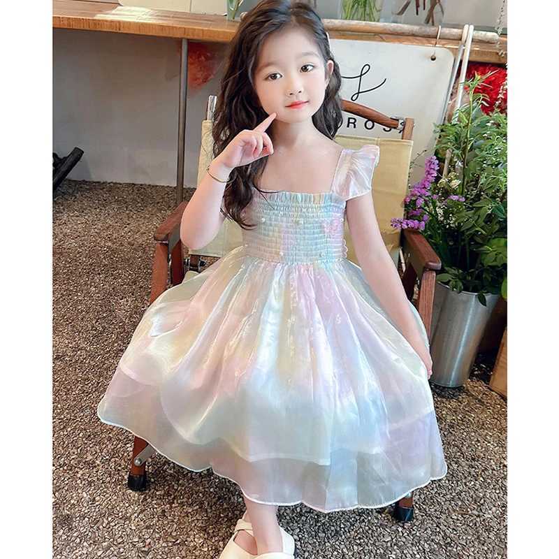 1-8 Years Cute Summer Princess Girls Dress Gradient Rainbow Butterfly Decoration Mesh Dress For Girls Party Prom Gown Clothes R250707