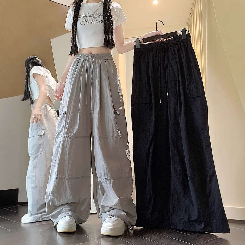 Plus Size American Style Cargo Wide-Leg For Women, Summer Thin Loose Slimming Drawstring Quick-Dry Casual Sports Straight Pants Trendy B5