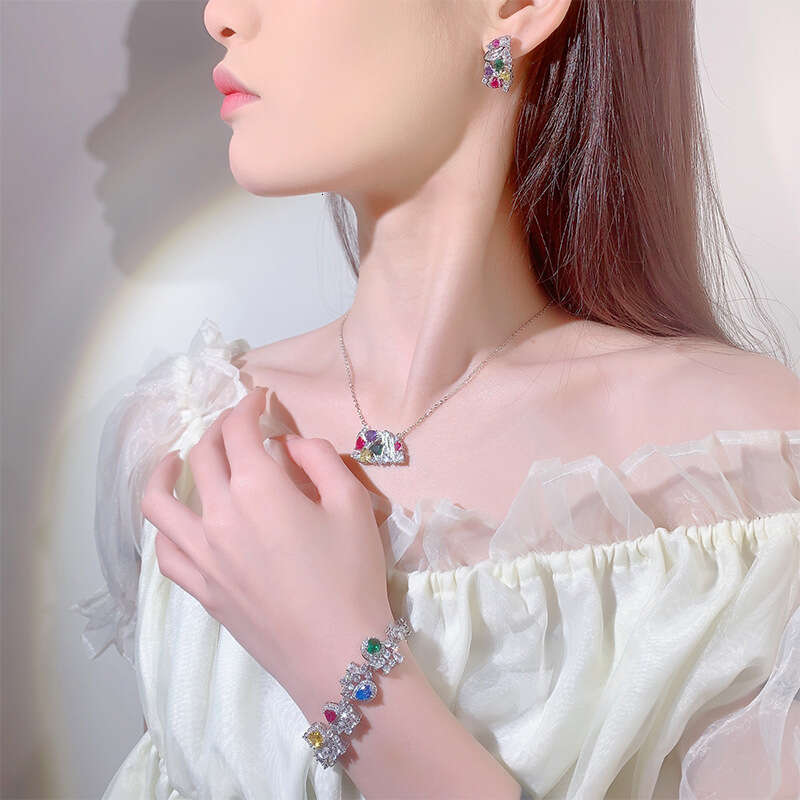 Jewelry Copper Base Gold Plated Live New Colorful Zircon Ring Earrings Bracelet Three-Piece Set For Women Bb3