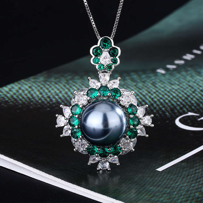 Emerald Jewelry Palace Style New Colorful Set Gray Pearl Sier Needle Earrings Ring Necklace F08