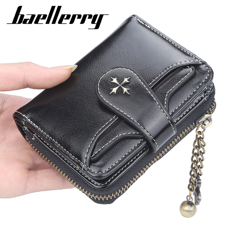 Designer Baellerry Short Wallet Korean Style Oil Wax Leather Coin Purse Fashion with Buckle Zipper Driver's License Card Holder Light Luxury Wome