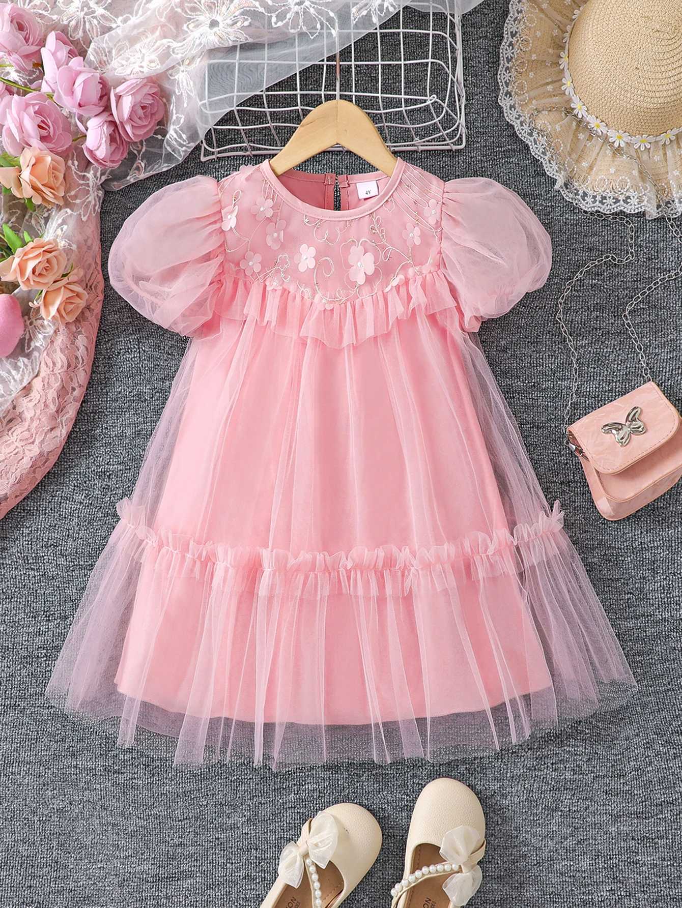 1 high-end flower-embroidered puffy tulle fashionable lady princess dress for girls in summer R250707