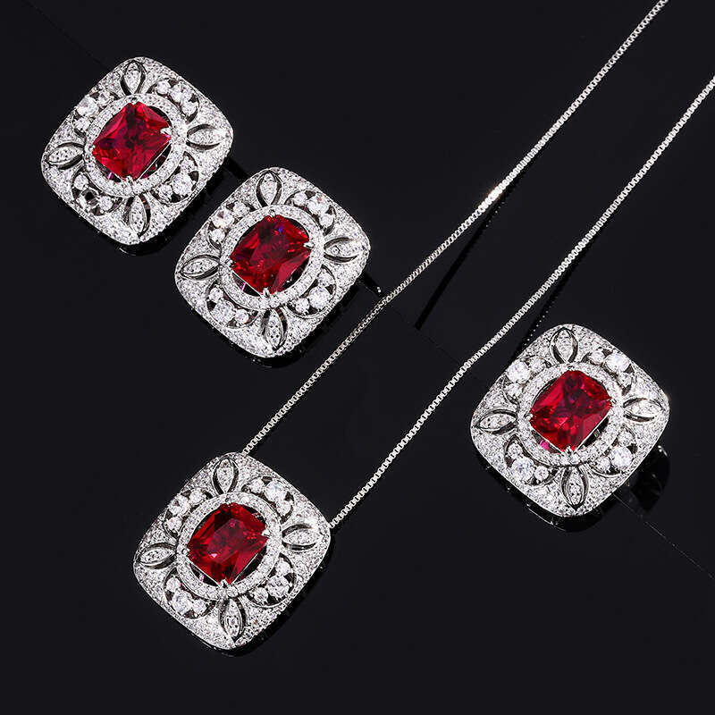 Exquisite Hollow Zircon Earrings Gemstone Set Red Corundum Pendant Square Dia Ring For Women High-End Feel 647