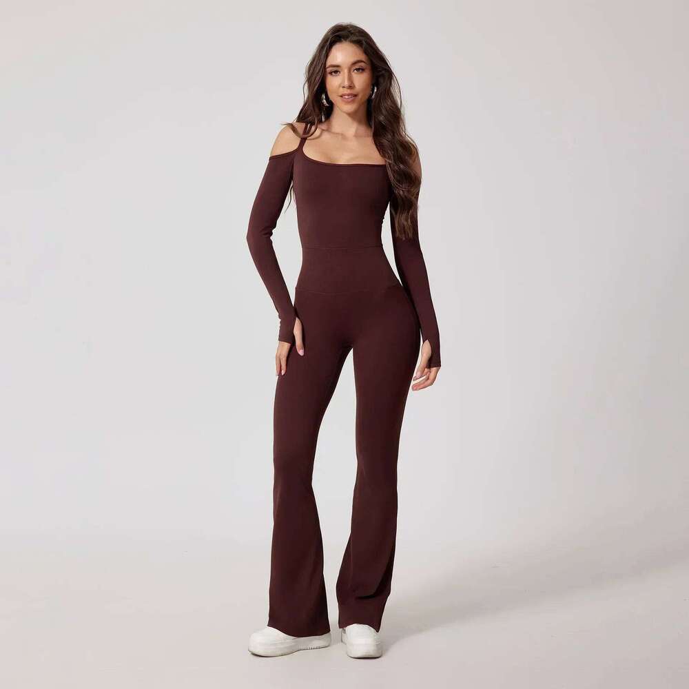 Seamless Yoga Jumpsuits Sports Fiess High Waist Hip Raise Long-Sleeved Flared Pants Suit Workout Gym Leggings Set for Women