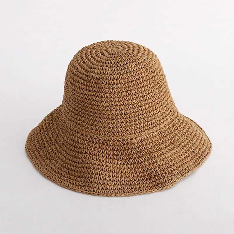 Straw Hat Womens Summer Simple Handmade Straw Woven Retro Fisherman Hat Big Edge Foldable Sun Hat Y250707