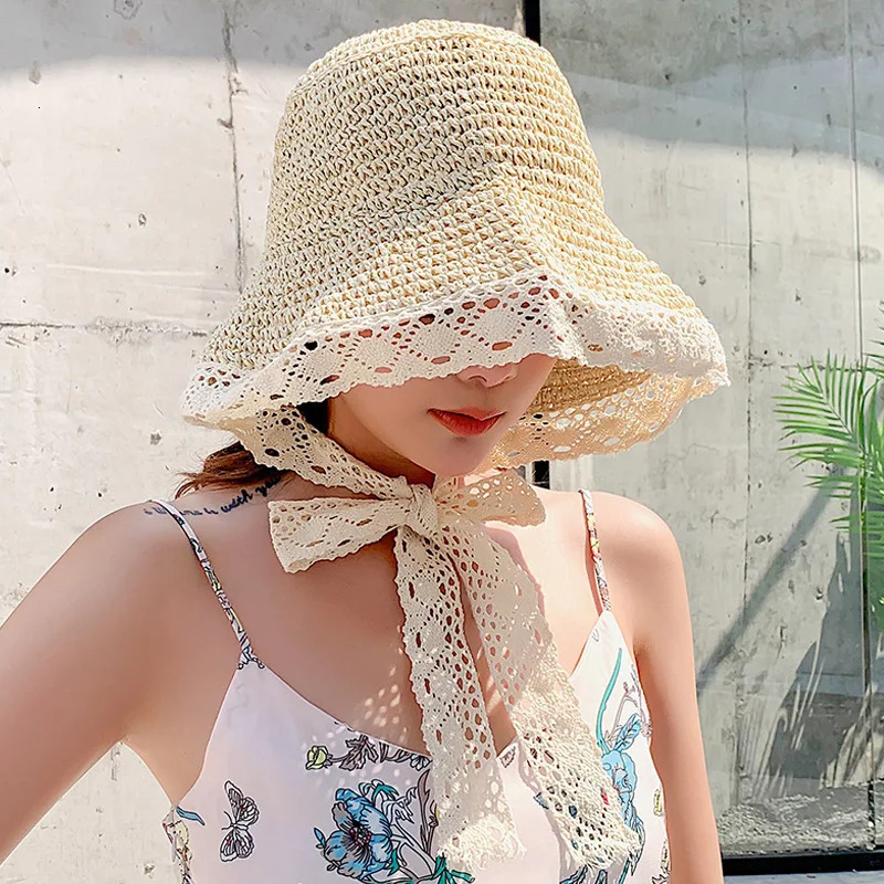 Summer Hats for Women Sun Hat Beach Lace Ribbon Holiday Straw Paper Lady Outdoor Travel Cap Bucket Foldable 250707