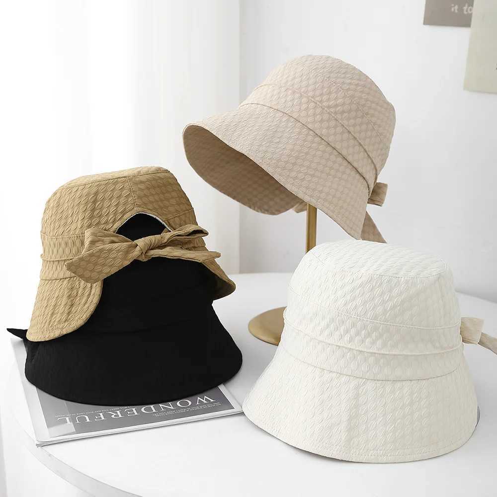 Womens Bucket Hat Spring Summer Hats For Women With Bow Fisherman Cap Casual Retro Korean Style Casual Simple Solid Color New Y250707