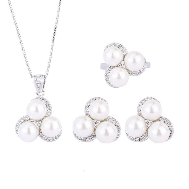 Gold-Plated Copper Live Hot Style Fashion Pearl Micro-Inlaid Dia Earrings Ring Necklace Three-Piece Set For Women A03