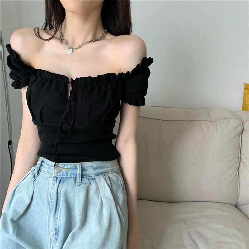 2025 Summer New Women's T-shirt New Pleated Ruffle Edge Off Shoulder Crop Top New Drawstring Slim Fit Sexy Short Sleeved Knitted New Designer T-s