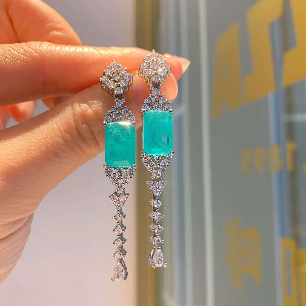 Huayoumei S Sier Needle Colorful Zircon Tassel Paraiba Long Earrings 884