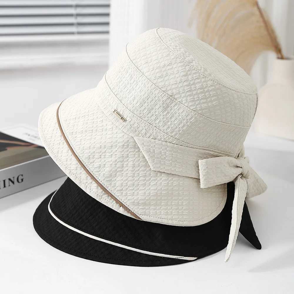 Womens Bucket Hat Korean Style Retro Lady Fashion Cloth Bow Foldable Sunscreen Summer Hats For Women Trendy Fisherman Cap New Y250707
